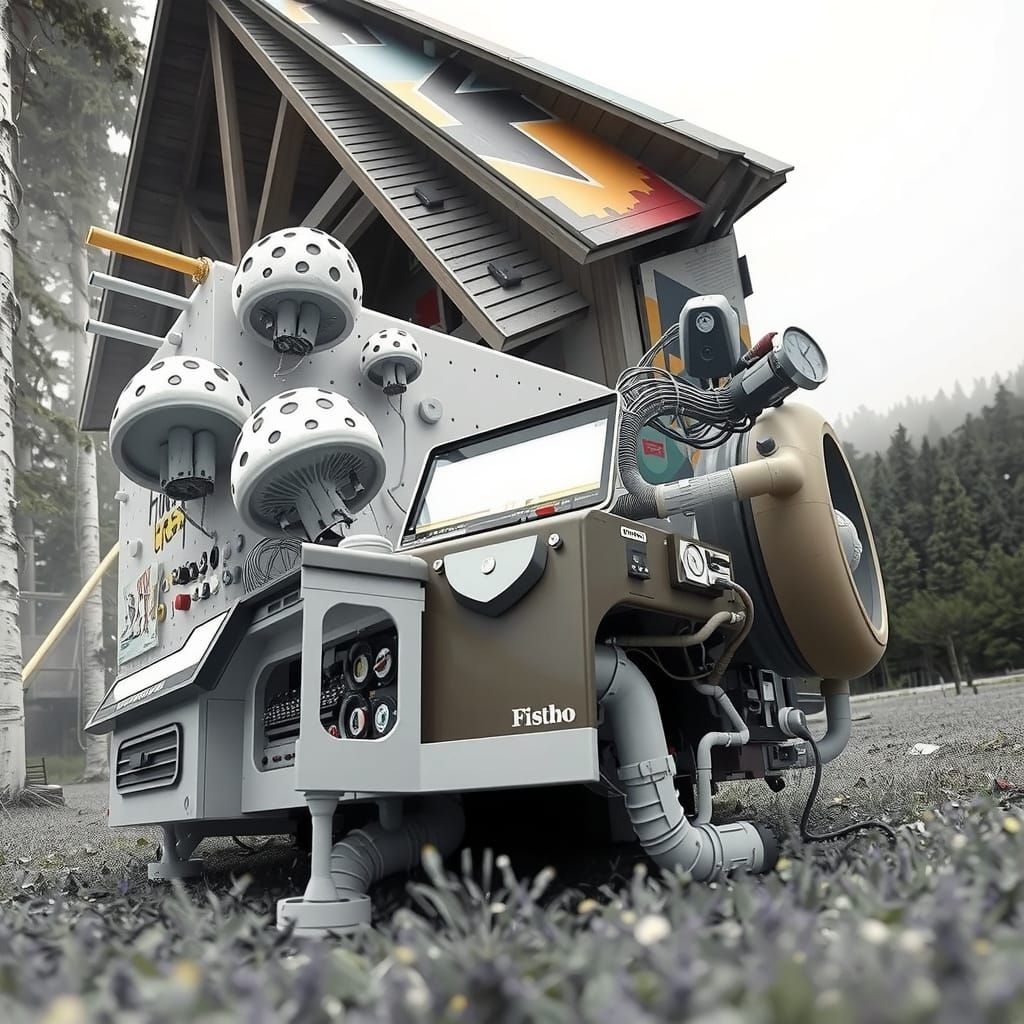 Chewing Gum Bungalow with Mushroom Flags in Hyperreal Style