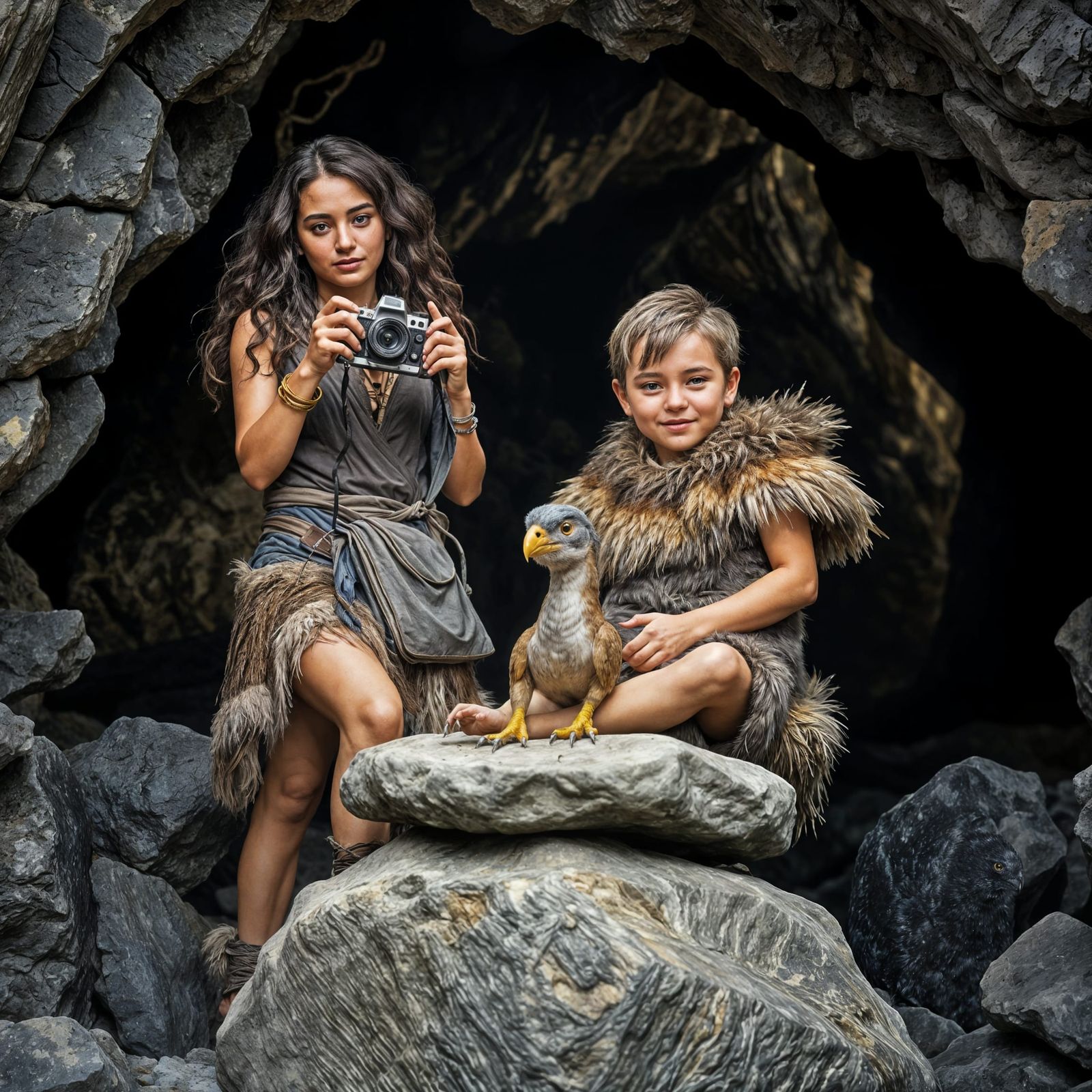 Cave Woman Photographs Son with Microraptor Pet