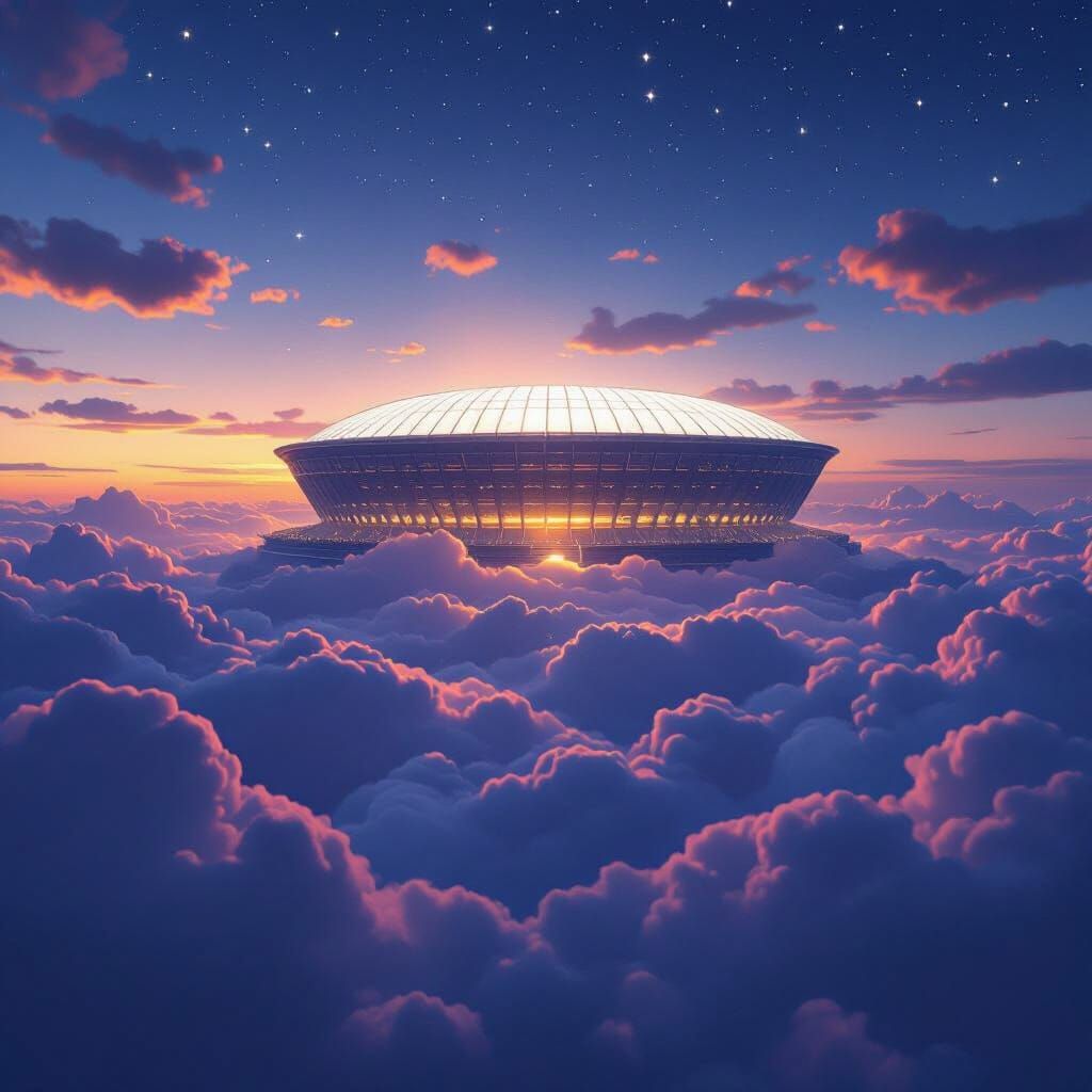 Colossal Stadium Floating on Clouds at Twilight