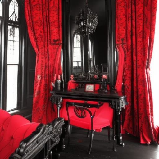 Gothic Victorian penthouse with Black walls with Red accents& gothic Victorian windows with gothic red curtains& Red Got...