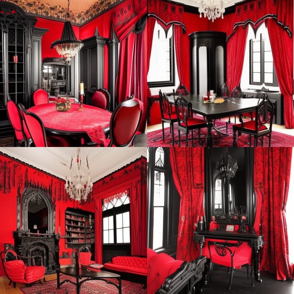 Gothic Victorian penthouse with Black walls with Red accents& gothic Victorian windows with gothic red curtains& Red Got...