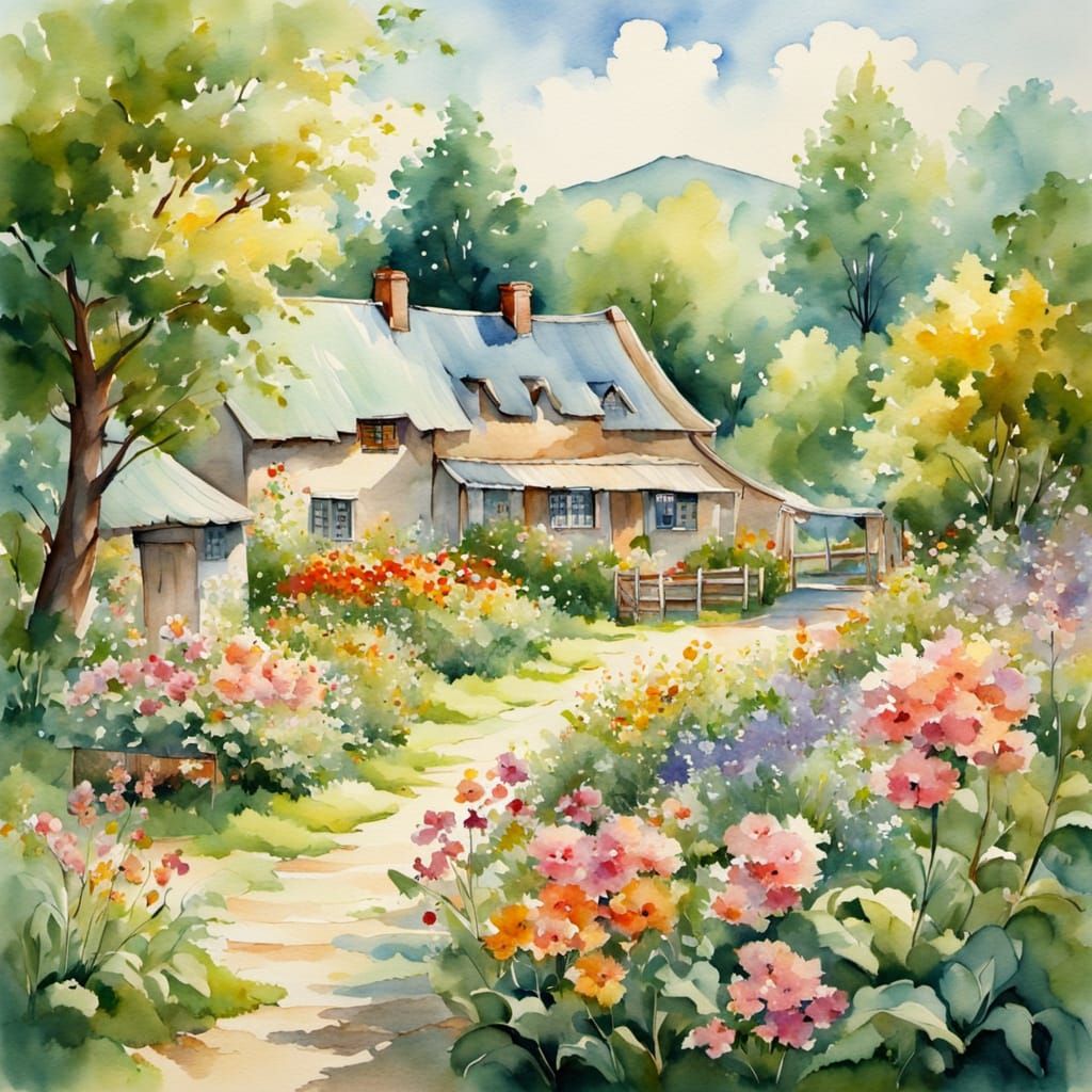 Watercolor Summer Garden in a Village Scene
