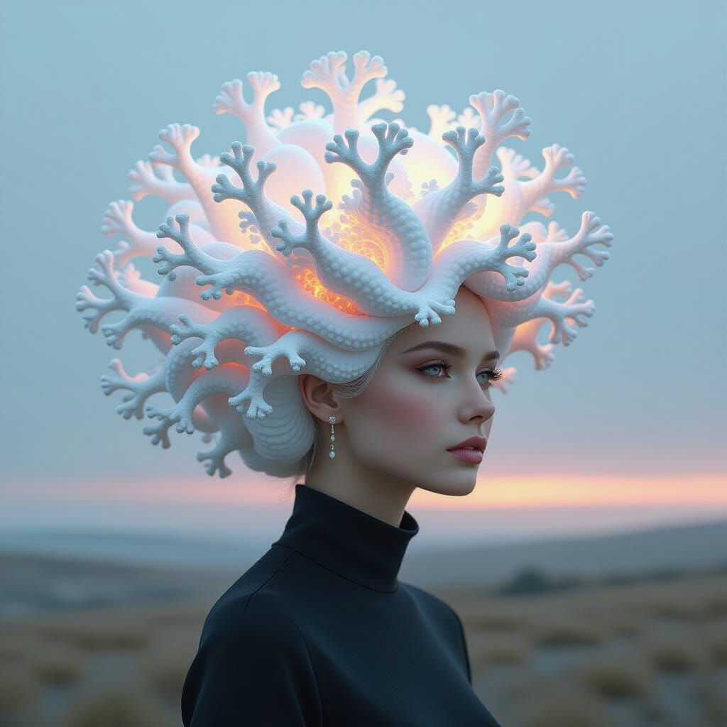 Abstract Coral Hair: Hyperrealistic Holographic Portrait