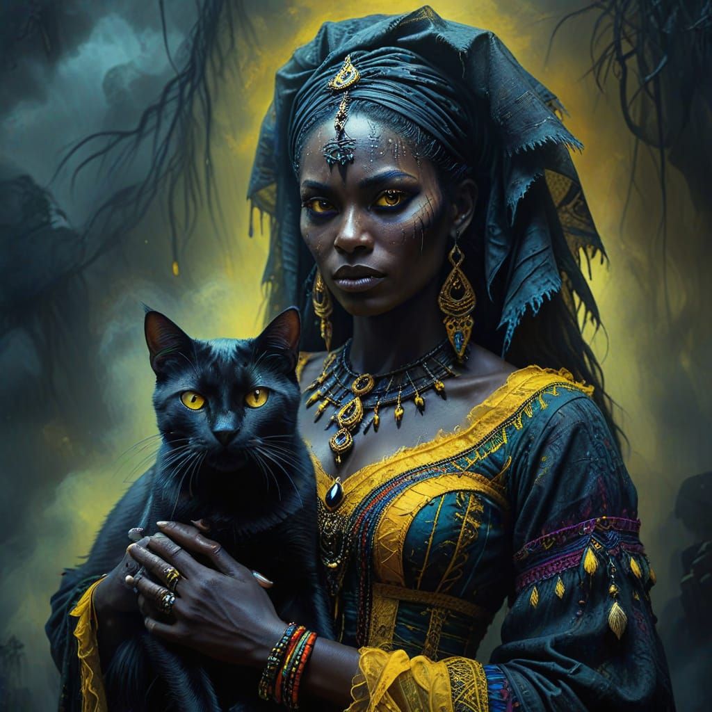 Voodoo Priestess with Black Cat in Oil Painting Style