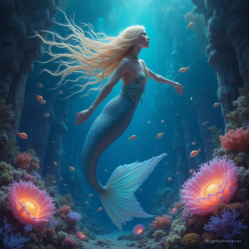Bioluminescent Coral Reef with Mermaid in Art Nouveau Style