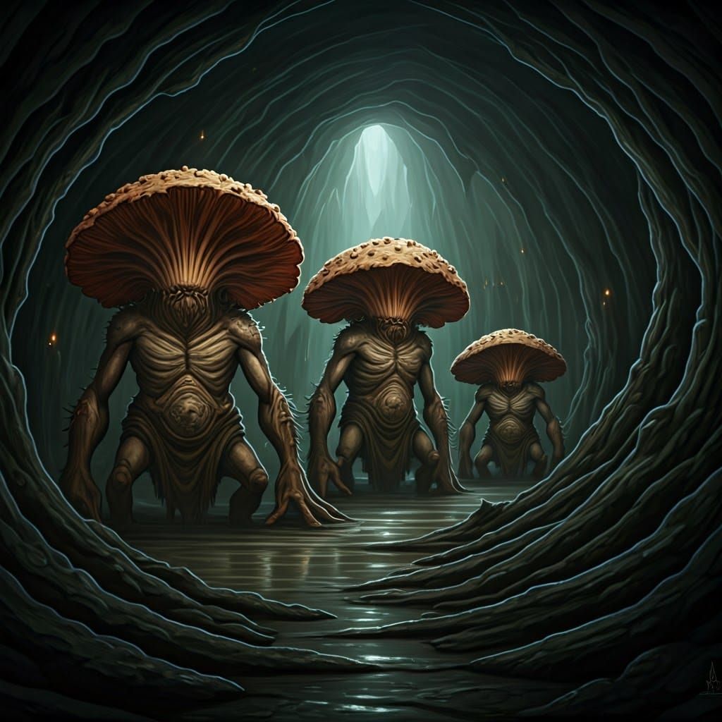 Mushroom Thugs in Drippy Cave, Eerie Fantasy Art