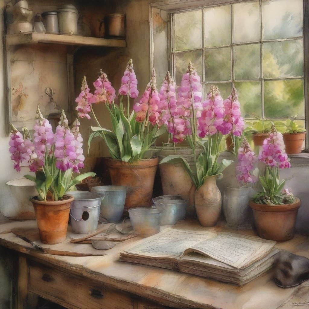 Whimsical Antique Garden Workstation with Floral Delights