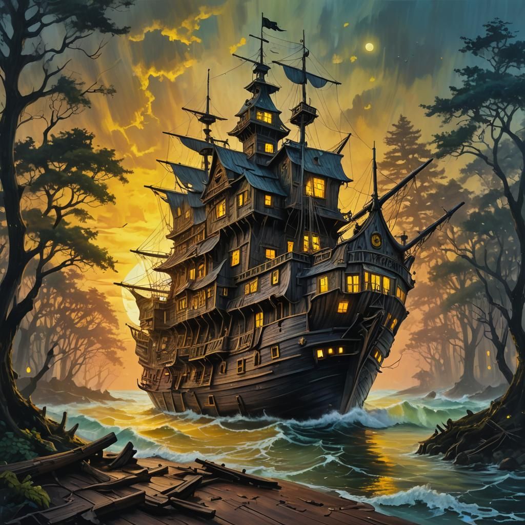 Futuristic Pirate Ship and Haunted House, Surreal Oil Painti...