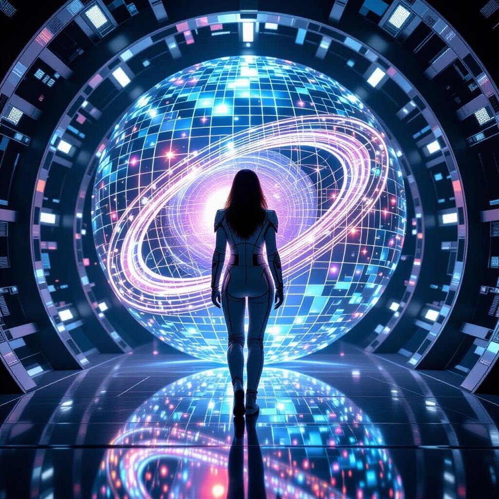 Woman in Spacesuit with Cosmic Orb, Futuristic Rendering