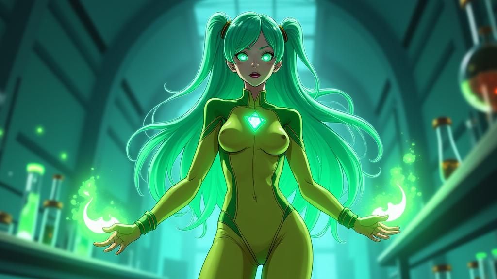 Fluorine-Themed Anime Character in Futuristic Lab