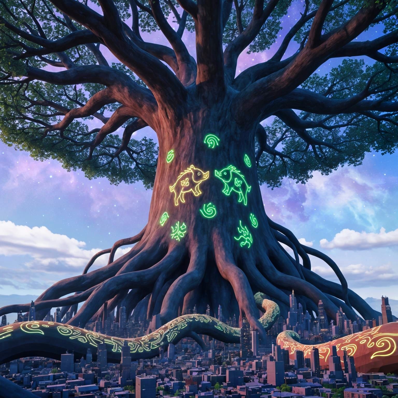 Ancient Bioluminescent Tree Over Futuristic City