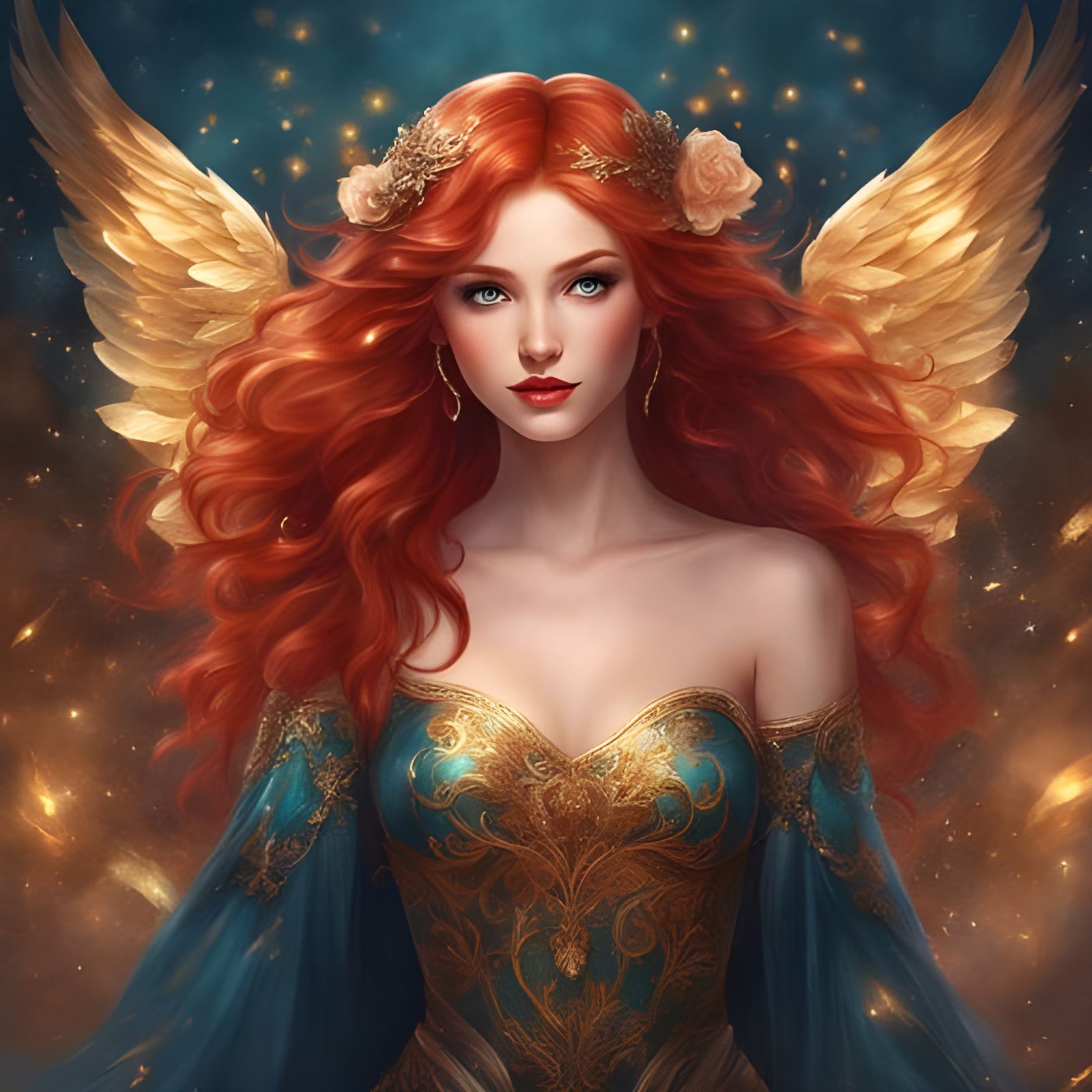 Radiant Red-Haired Angel in Lingerie with Golden Patterns