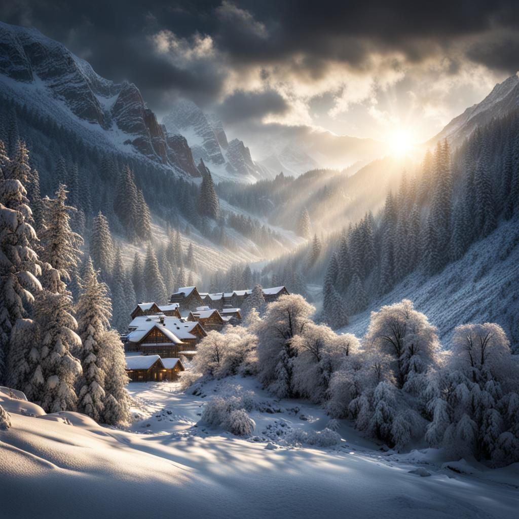 Sun and Snow in Elven Valley: Hyperrealistic Image