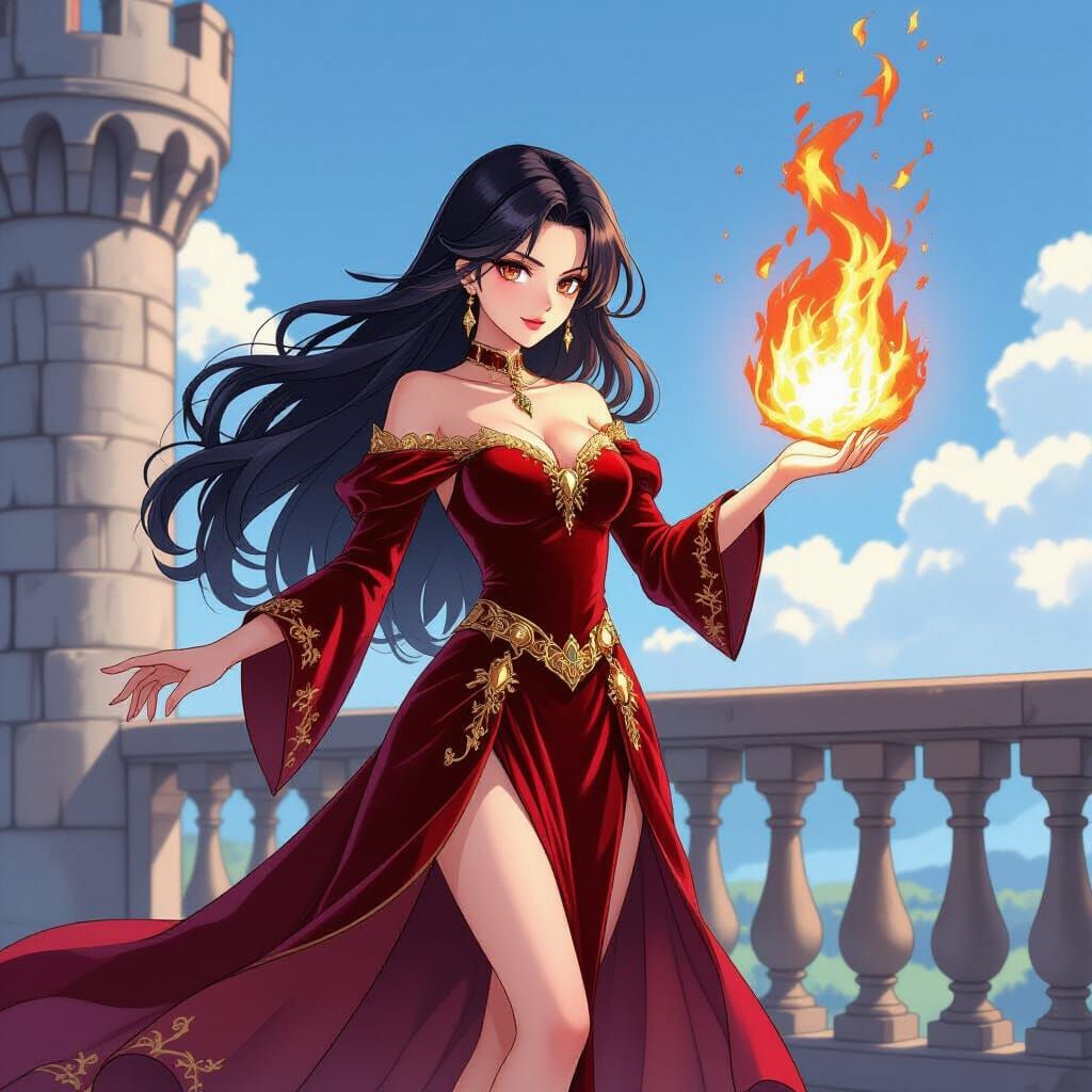 Anime Sorceress Casting Fire Spell on Castle Balcony