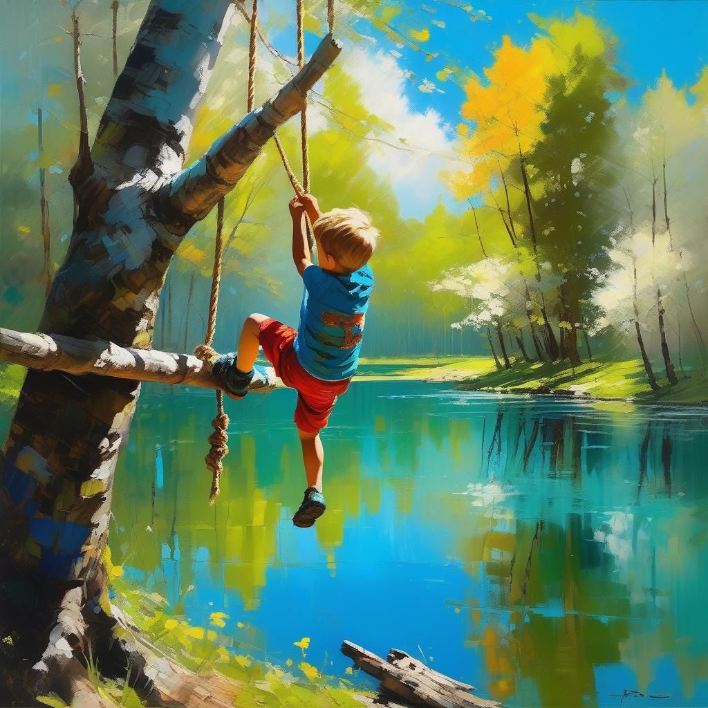 Joyful Child on Rope Swing: Fine Art Impression