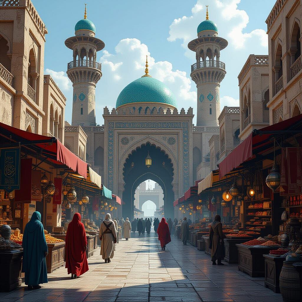 Futuristic Arab Bazaar with Wind Towers in Dystopian Style