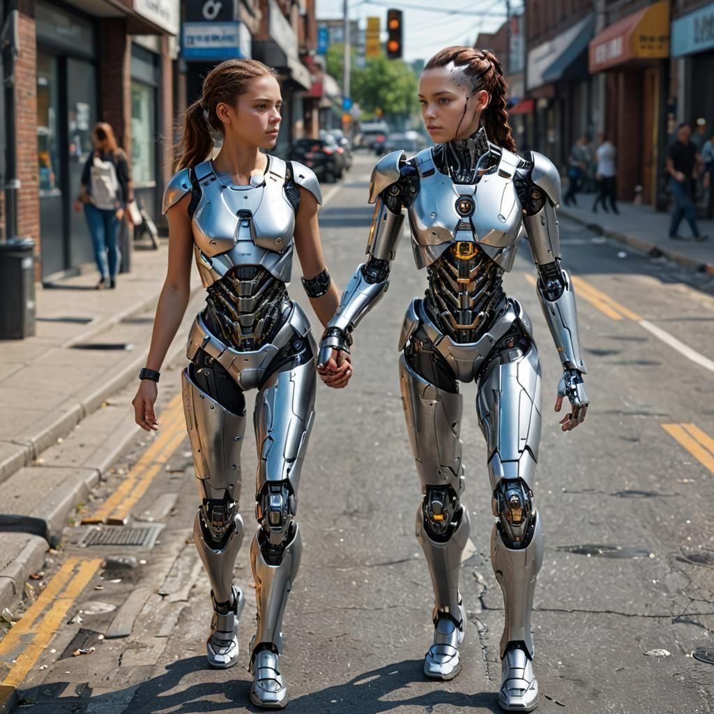 Cyborg Girl and Woman in Hyperrealistic Sci-Fi