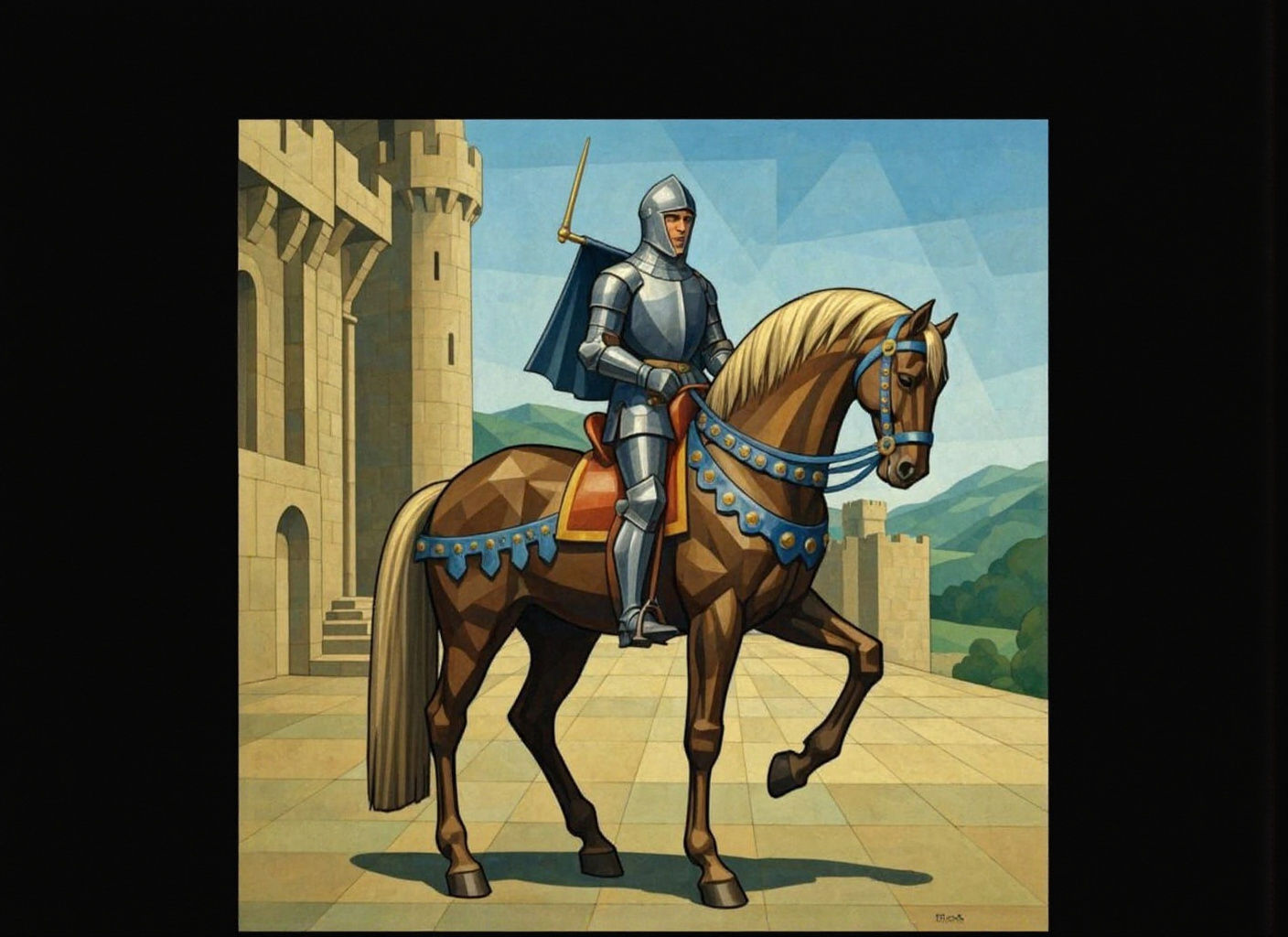 Cubist Knight on Horseback Before Castle