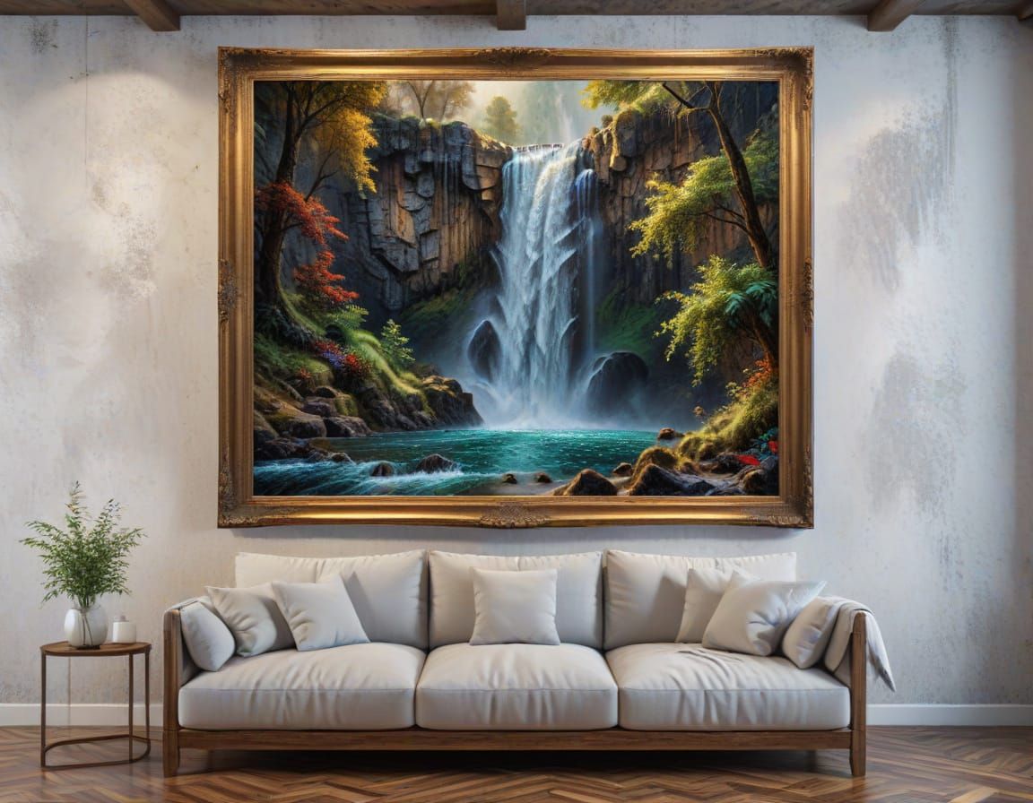 Waterfall Flows Out of Oil Painting