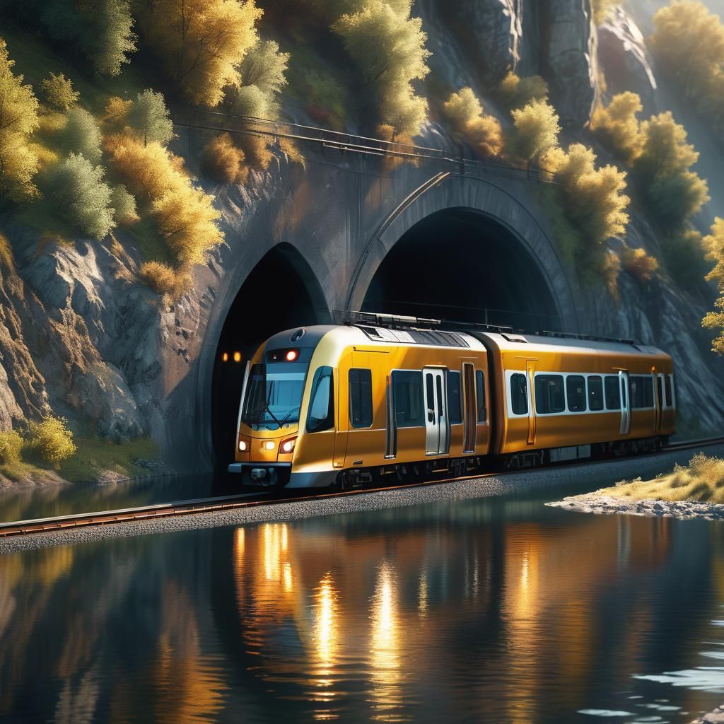 Train Enters Tunnel Reflected in Calm Water