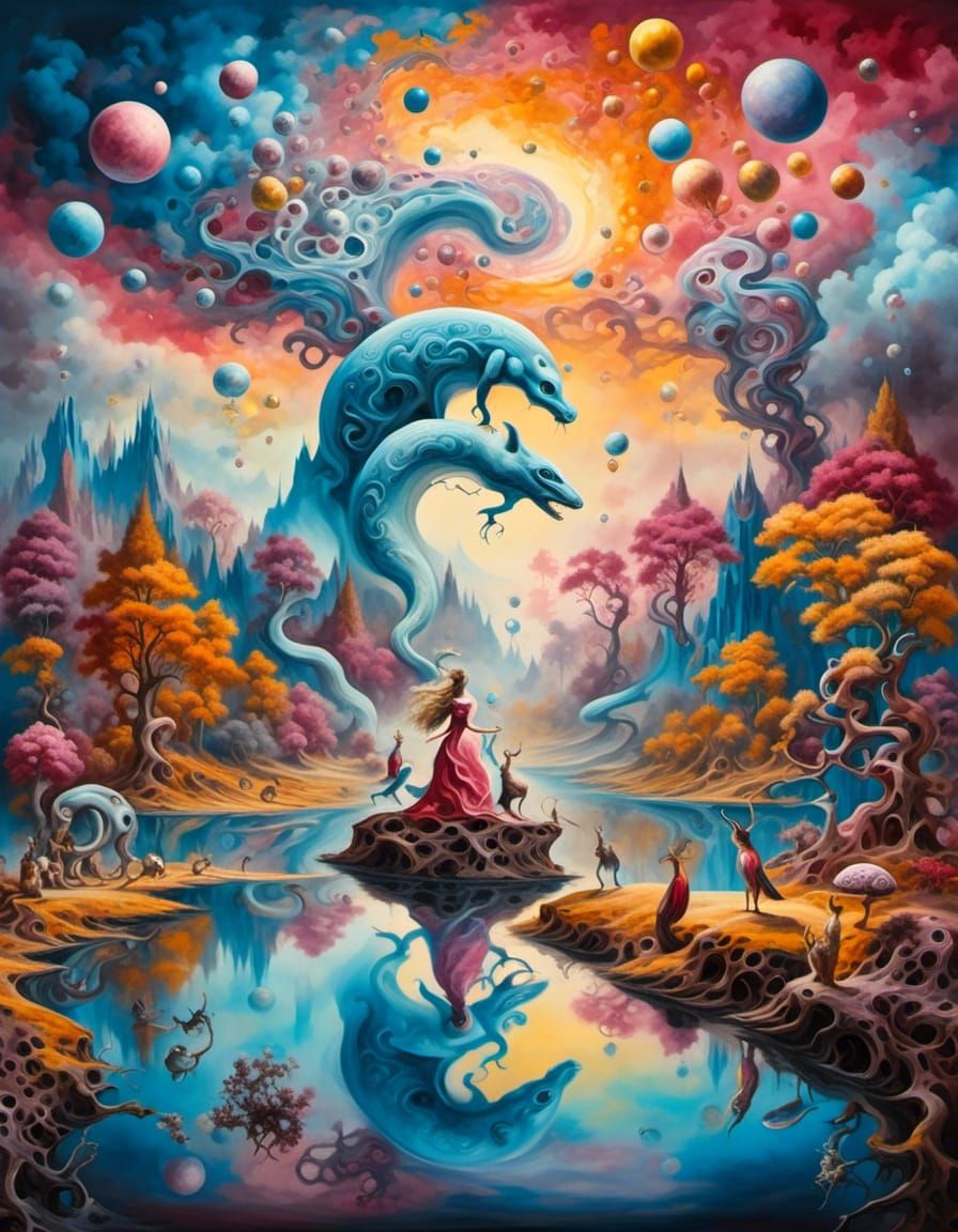 Surreal Fractal Landscape with Rainbow River