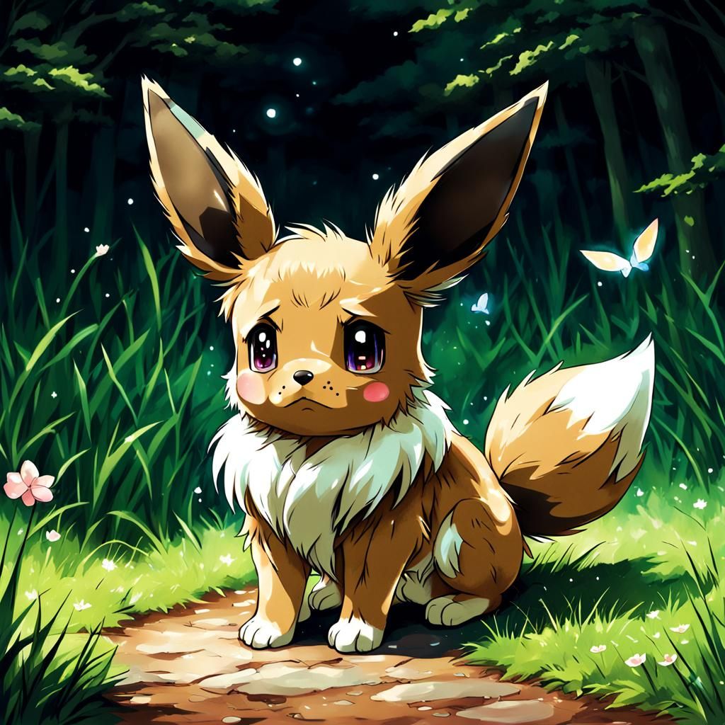Sad Eevee in Anime Key Visual Style