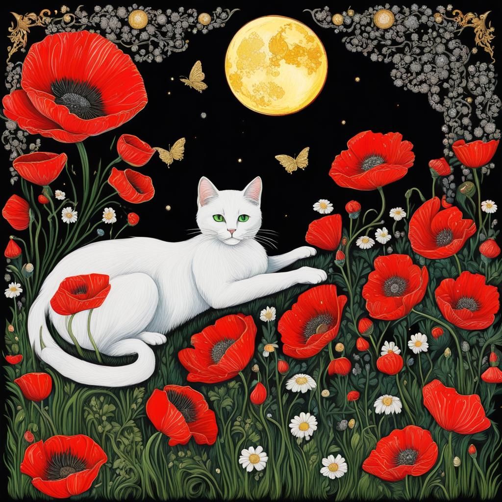 White Cat Hunting Butterflies in Palekh Style