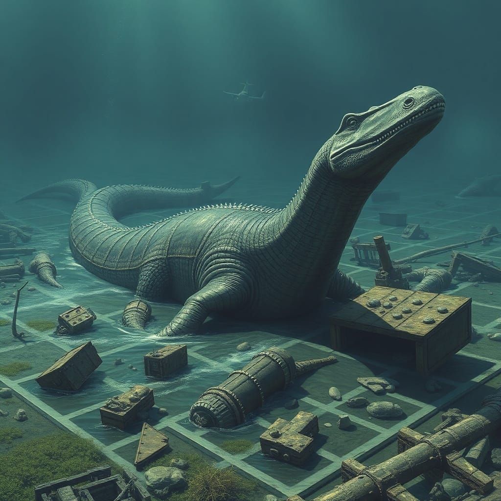 Giant Plesiosaur Over Sunken Submarine