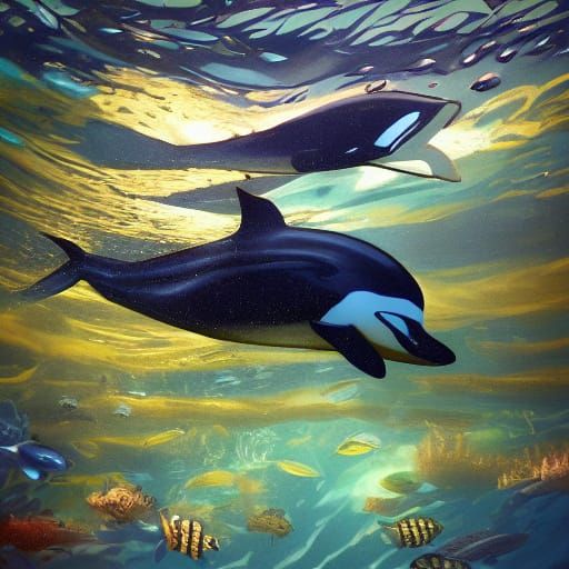 Orca Mother Feeds Baby Underwater in Digital Painting