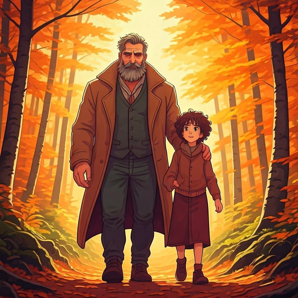 Italian Family in Autumn Forest, Anime Style