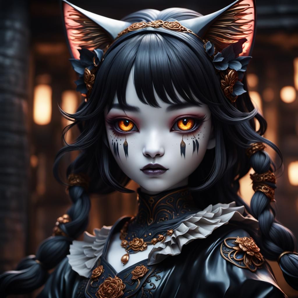 Black Porcelain Nekomata Doll in Detailed Matte Painting