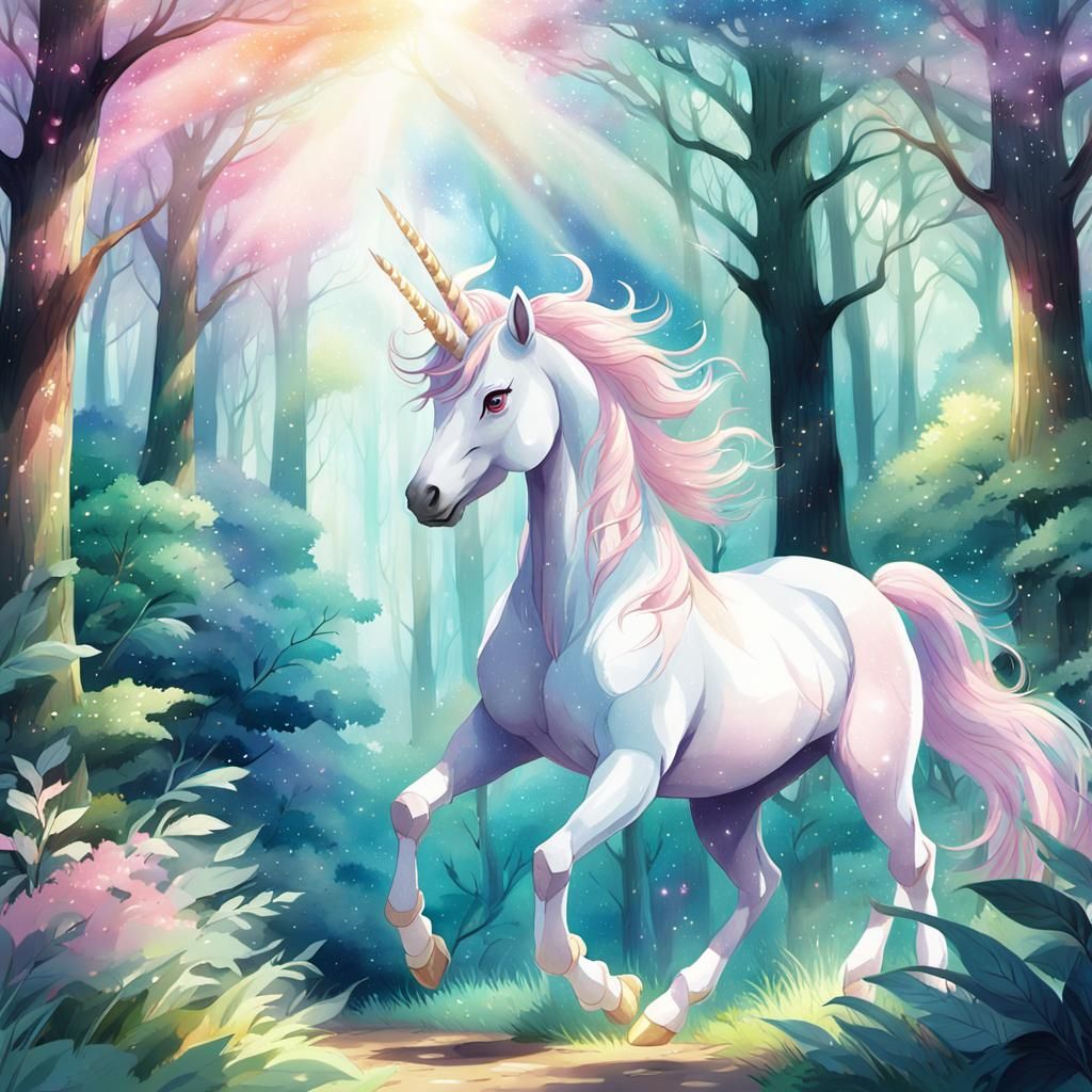 Anime Unicorn Prances in Forest: Pastel Watercolor