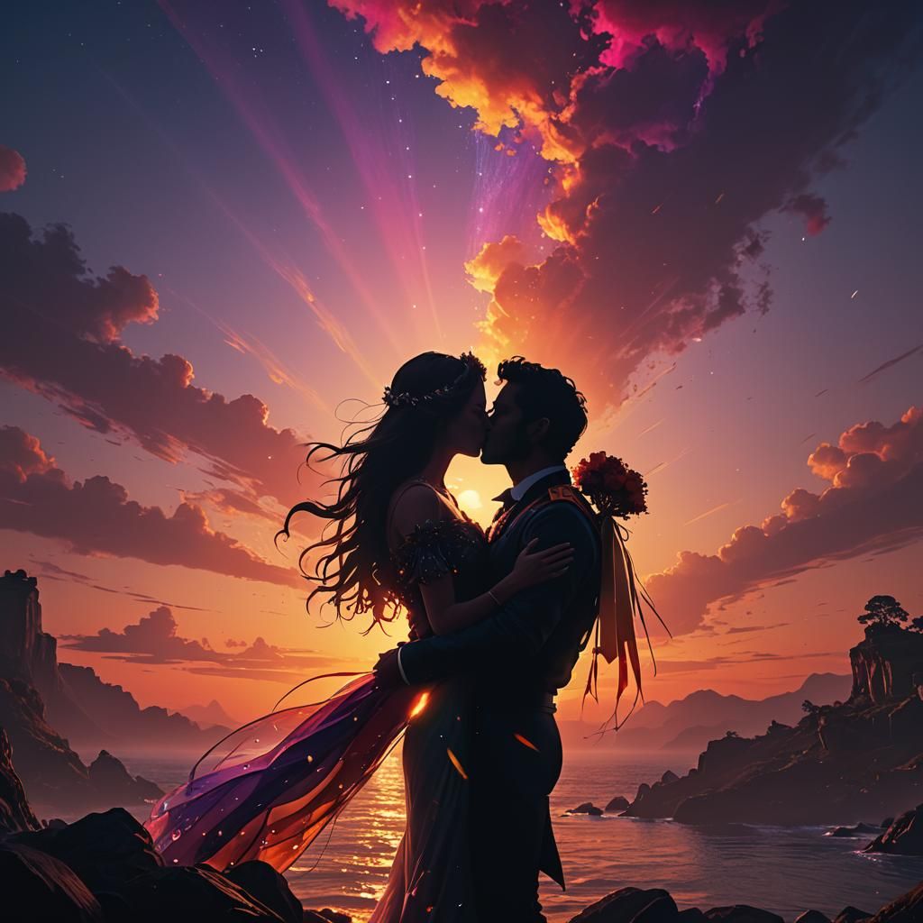 Silhouette Kiss Under Multicolored Sunset: Digital Art