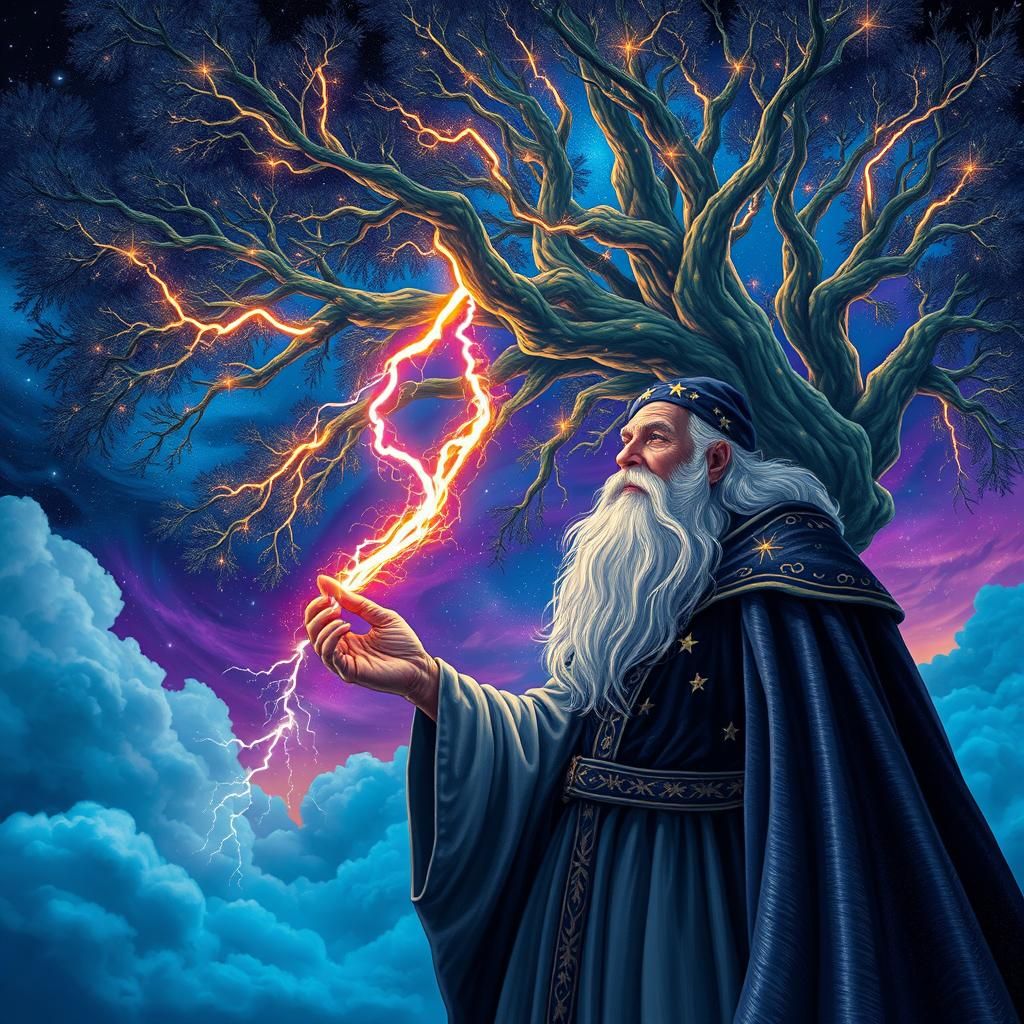 Cosmic Wizard Under a Glowing Willow Tree