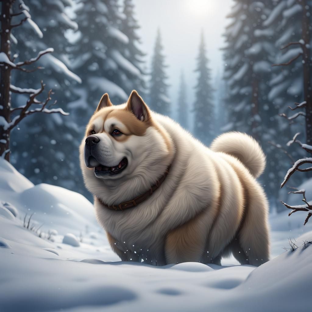Happy Fluffy Dog in the Snow: Digital Art