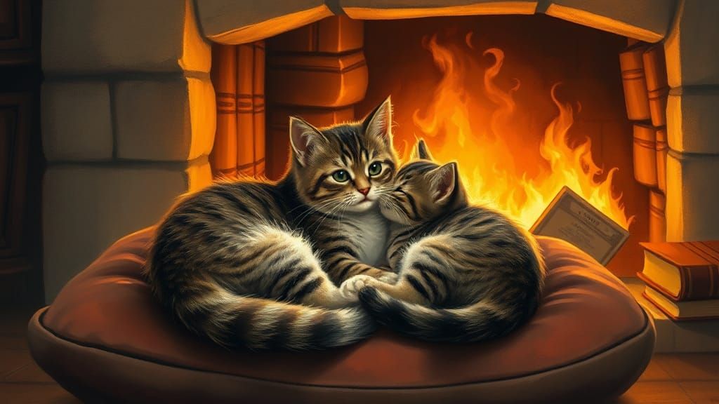 Cozy Cats by the Fireplace in Storybook Style