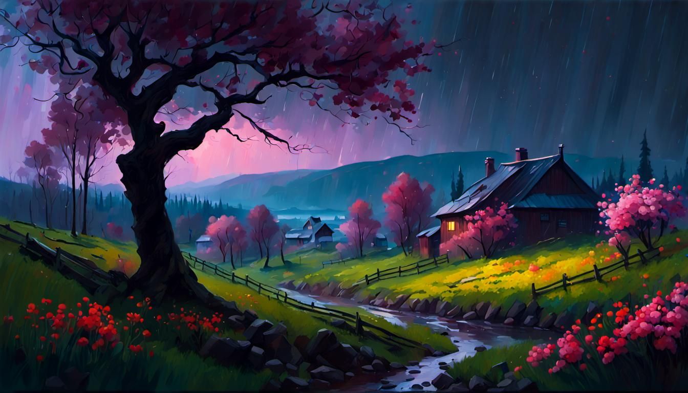 Spring Village Landscape Matte Painting at Midnight