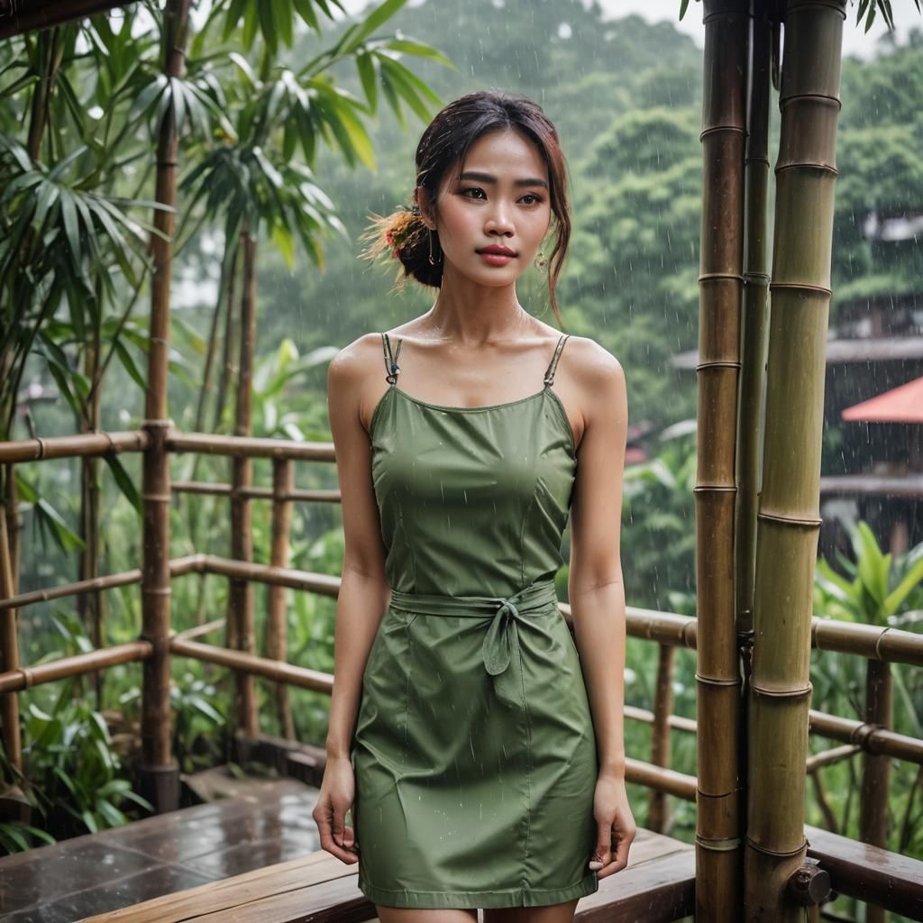 Young Vietnamese Woman with Strong Build in Rain