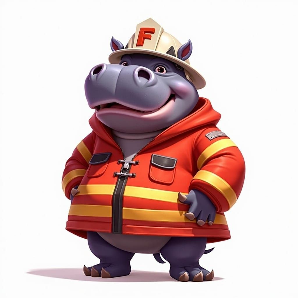 Hippo Fireman in Cartoon Style Illustration