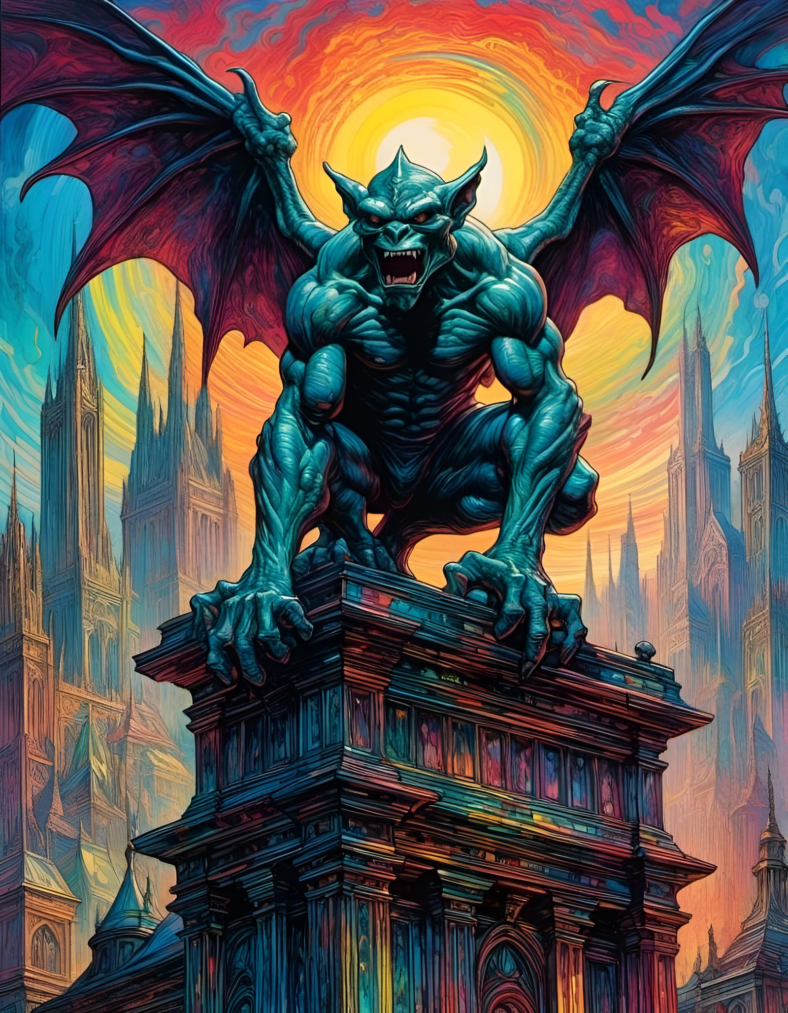 Roaring Gargoyle Illustration in Photorealistic Style
