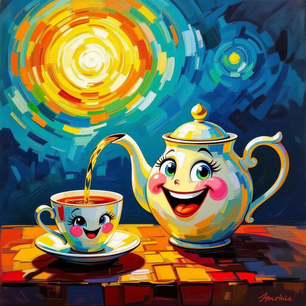 Joyful Teapot and Cup in Neo-Impressionist Style