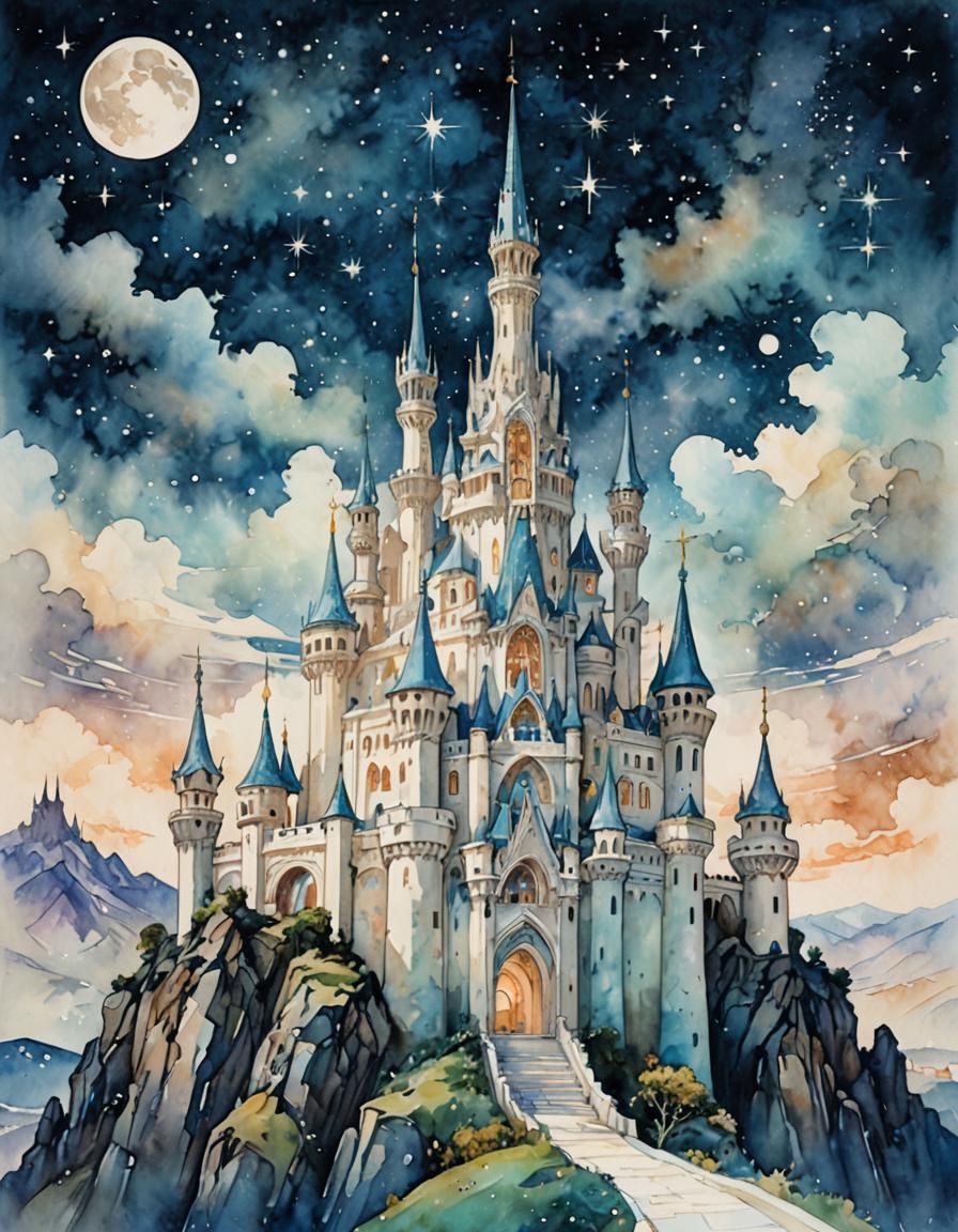 White Filigree Castle Under Starry Sky in Watercolor Style