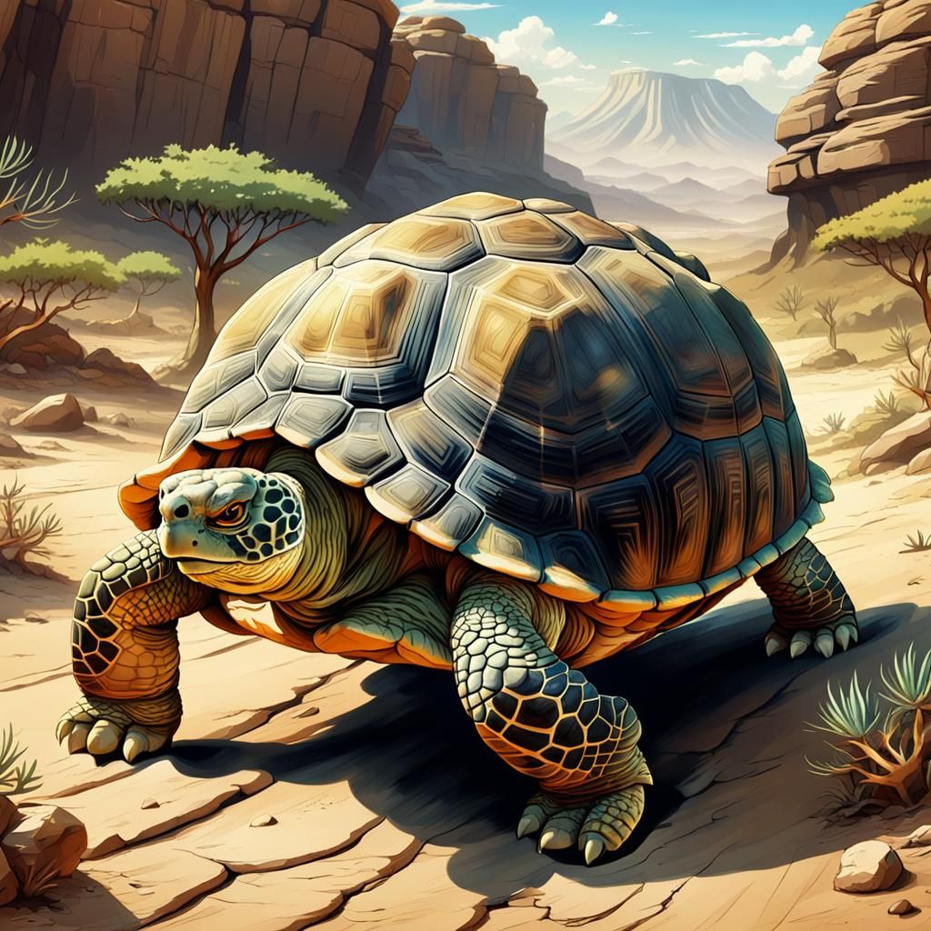 Tortoise Strolls Through Arid Landscape: Cel-Shaded Illustra...