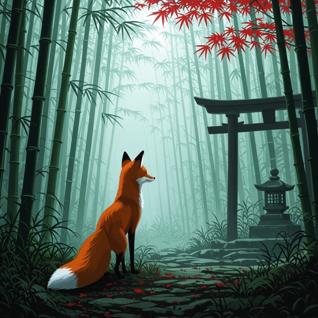 Fox in Asian Forest with Misty Altar