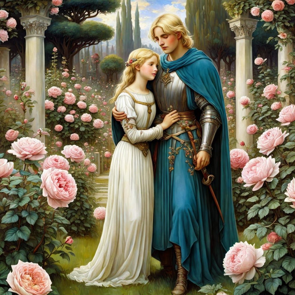 Family Scene in Rose Garden: Waterhouse Style