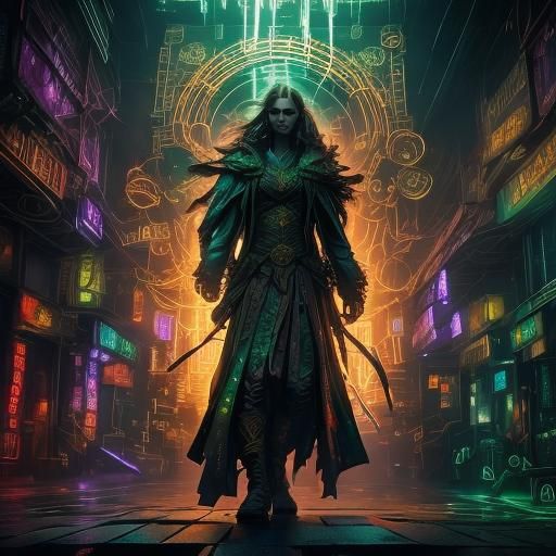 Celtic Cyberpunk Feline Humanoid in Neon Alley