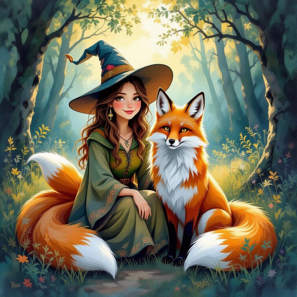 Charming Witch with Nine-Tailed Fox Familiar in Magical Fore...