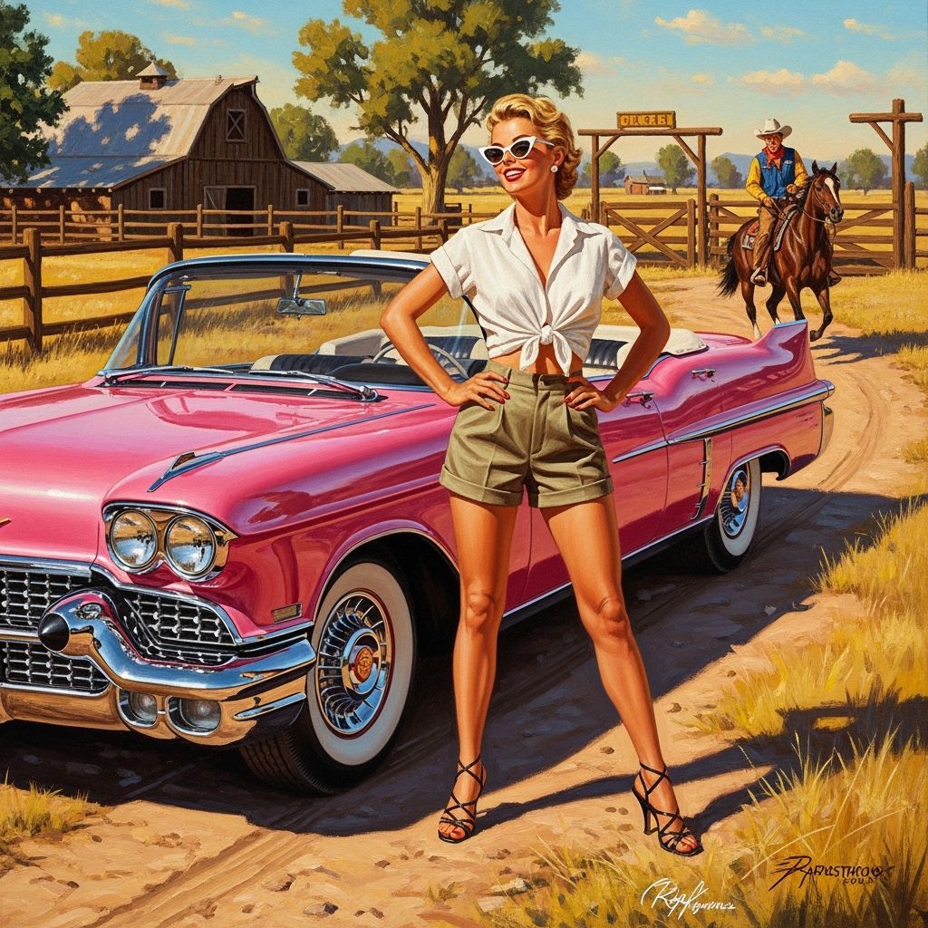 Pin-Up Style Woman Poses with 1957 Cadillac at Dude Ranch