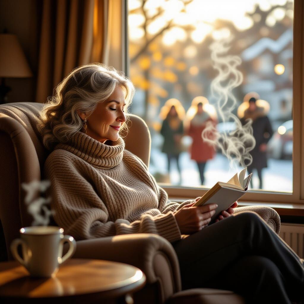 Cozy Afternoon Reading: Woman in Armchair with Firelight