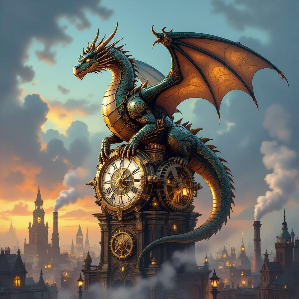 Steampunk Dragon on Clockwork Tower in Victorian City